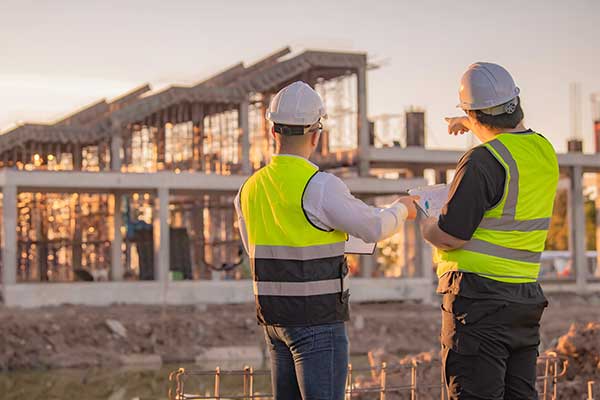 Two construction workers in safety vests and helmets stand at a building site, discussing blueprints while looking at an unfinished structure in the background during sunset.