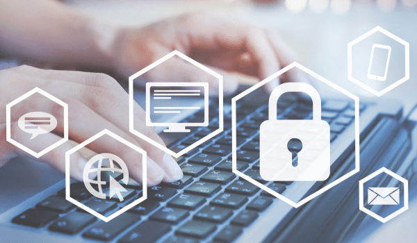 Hands typing on a laptop keyboard with transparent security and communication icons, including a padlock, chat bubble, globe, computer, smartphone, and envelope, overlayed on the image.